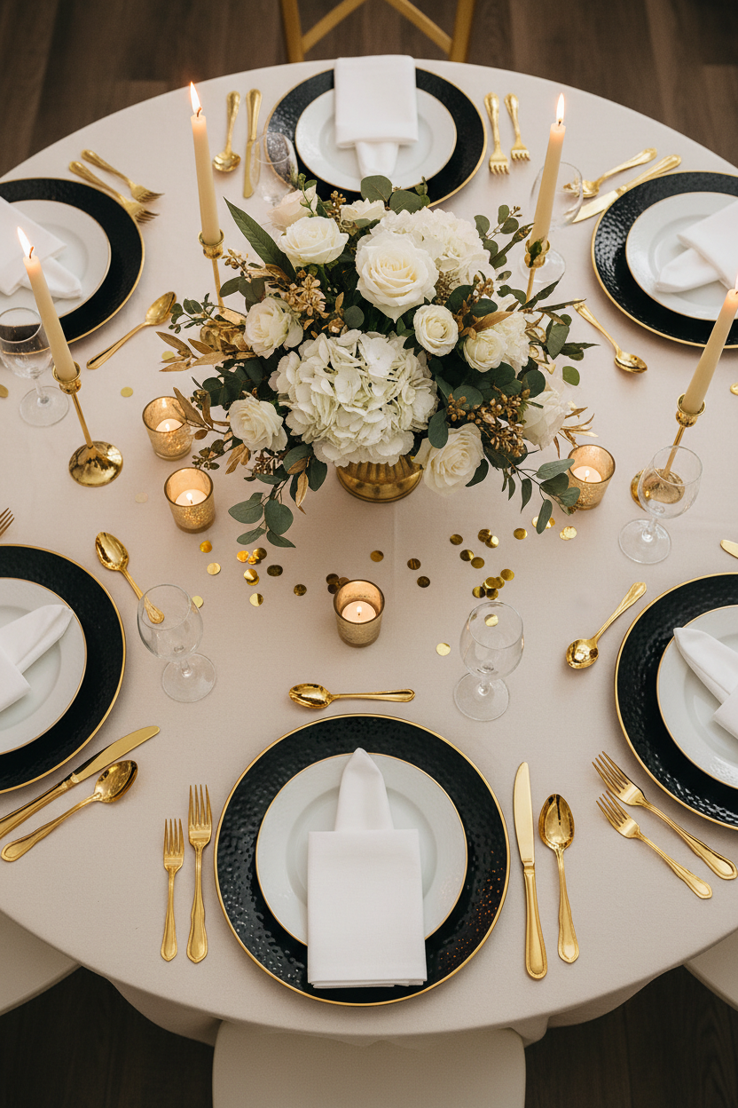 Black and gold rim hammered plastic charger plates styled in an elegant party table setting with candles and florals